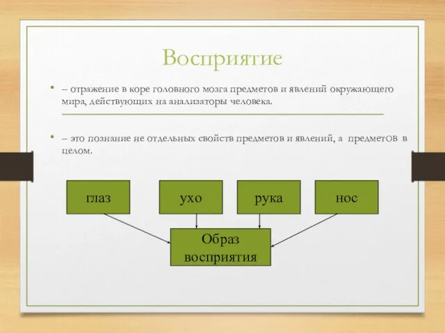 Восприятие – отражение в коре головного мозга предметов и явлений окружающего мира,