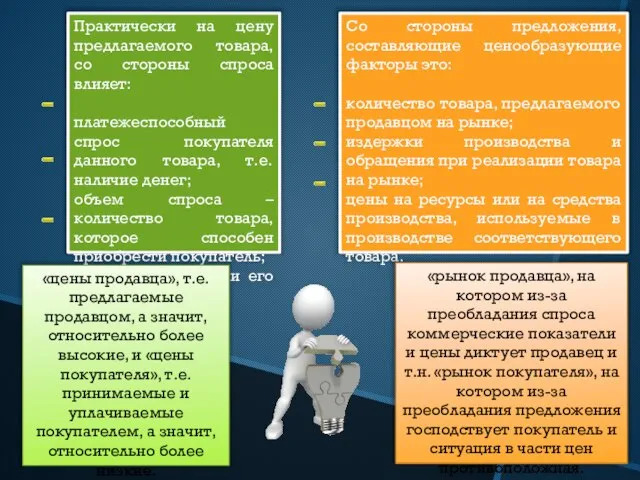 Практически на цену предлагаемого товара, со стороны спроса влияет: платежеспособный спрос покупателя