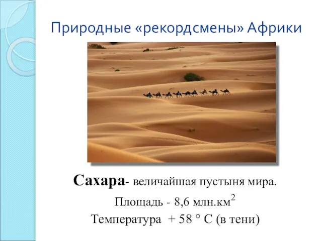 Природные «рекордсмены» Африки Сахара- величайшая пустыня мира. Площадь - 8,6 млн.км2 Температура