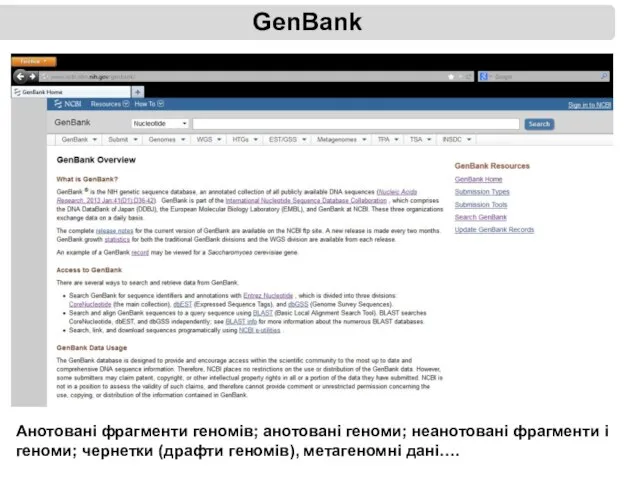 GenBank Анотовані фрагменти геномів; анотовані геноми; неанотовані фрагменти і геноми; чернетки (драфти геномів), метагеномні дані….