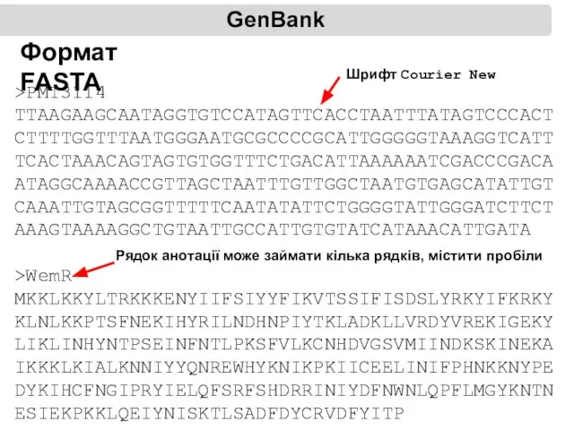 GenBank Формат FASTA >PMI3114 TTAAGAAGCAATAGGTGTCCATAGTTCACCTAATTTATAGTCCCACTCTTTTGGTTTAATGGGAATGCGCCCCGCATTGGGGGTAAAGGTCATTTCACTAAACAGTAGTGTGGTTTCTGACATTAAAAAATCGACCCGACAATAGGCAAAACCGTTAGCTAATTTGTTGGCTAATGTGAGCATATTGTCAAATTGTAGCGGTTTTTCAATATATTCTGGGGTATTGGGATCTTCTAAAGTAAAAGGCTGTAATTGCCATTGTGTATCATAAACATTGATA >WemR MKKLKKYLTRKKKENYIIFSIYYFIKVTSSIFISDSLYRKYIFKRKYKLNLKKPTSFNEKIHYRILNDHNPIYTKLADKLLVRDYVREKIGEKYLIKLINHYNTPSEINFNTLPKSFVLKCNHDVGSVMIINDKSKINEKAIKKKLKIALKNNIYYQNREWHYKNIKPKIICEELINIFPHNKKNYPEDYKIHCFNGIPRYIELQFSRFSHDRRINIYDFNWNLQPFLMGYKNTNESIEKPKKLQEIYNISKTLSADFDYCRVDFYITP Шрифт Courier New Рядок анотації