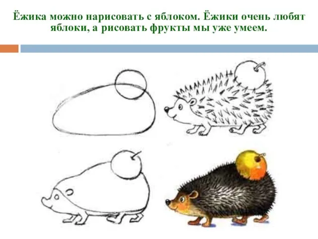 Ёжика можно нарисовать с яблоком. Ёжики очень любят яблоки, а рисовать фрукты мы уже умеем.