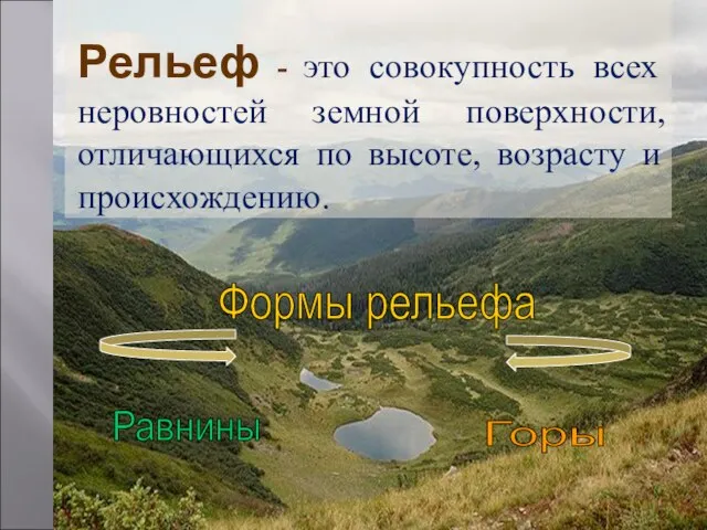 Рельеф - это совокупность всех неровностей земной поверхности, отличающихся по высоте, возрасту