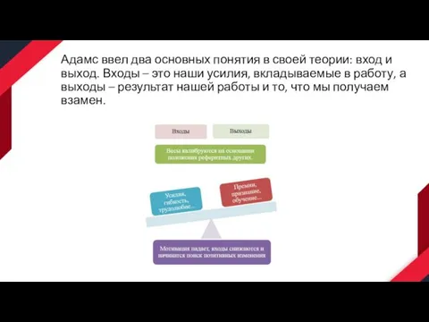 Адамс ввел два основных понятия в своей теории: вход и выход. Входы