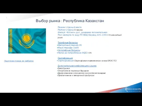 Выбор рынка : Республика Казахстан Ренкинг страны 8 место Рейтинг страны 53