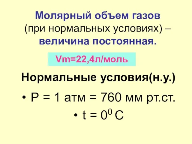 Молярный объем газов (при нормальных условиях) – величина постоянная. Vm=22,4л/моль Нормальные условия(н.у.)