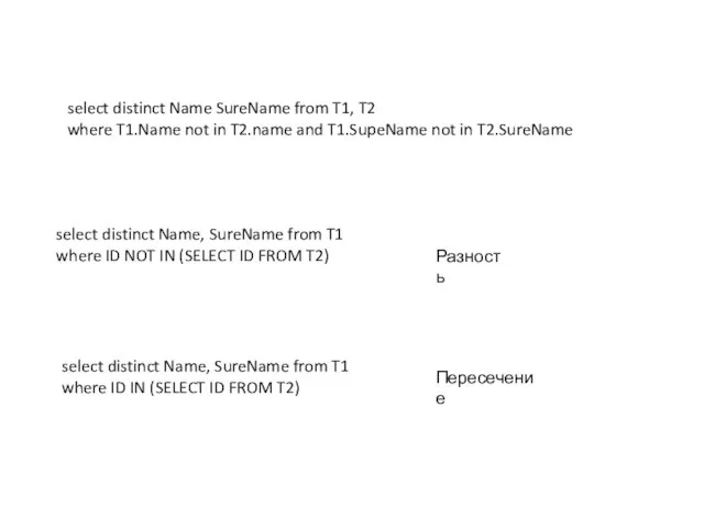 select distinct Name SureName from T1, T2 where T1.Name not in T2.name