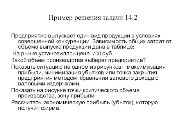 Пример решения задачи 14.2 Предприятие выпускает один вид продукции в условиях совершенной