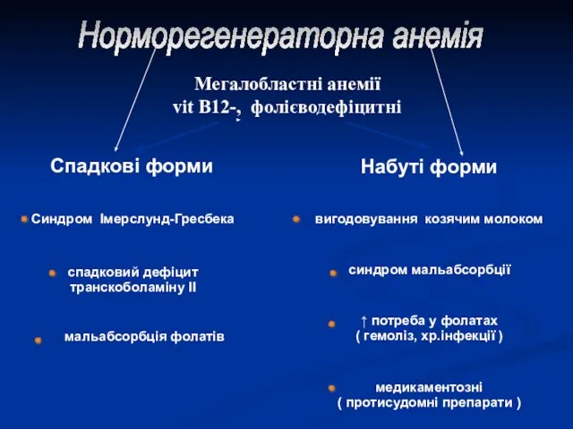 Спадкові форми Синдром Імерслунд-Гресбека Набуті форми Норморегенераторна анемія Мегалобластні анемії vit B12-,