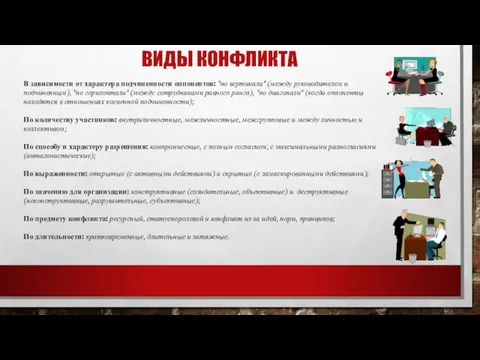 ВИДЫ КОНФЛИКТА В зависимости от характера подчиненности оппонентов: "по вертикали" (между руководителем