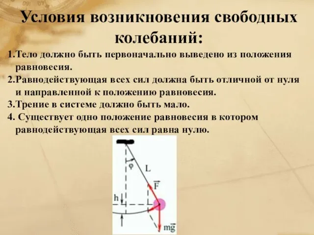 Условия возникновения свободных колебаний: Тело должно быть первоначально выведено из положения равновесия.