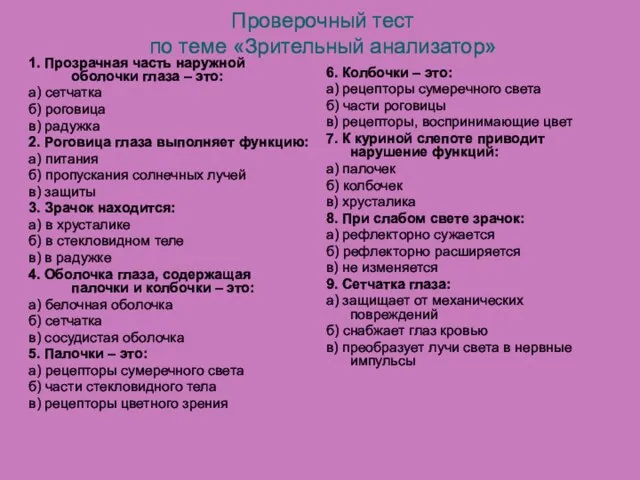 Проверочный тест по теме «Зрительный анализатор» 1. Прозрачная часть наружной оболочки глаза