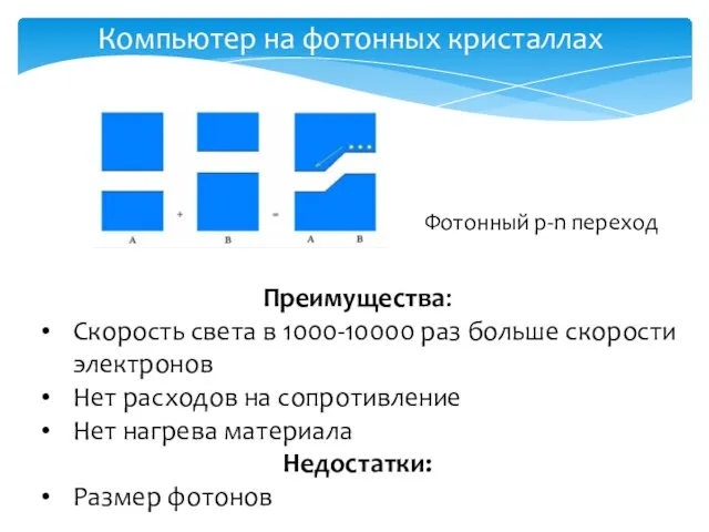 Компьютер на фотонных кристаллах Преимущества: Скорость света в 1000-10000 раз больше скорости