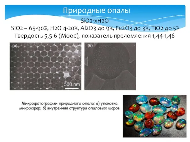 Природные опалы SiO2·xH2O SiO2 – 65-90%, H2O 4-20%, Al2O3 до 9%, Fe2O3