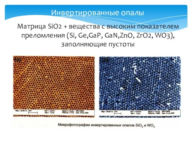 Инвертированные опалы Матрица SiO2 + вещества с высоким показателем преломления (Si, Ge,GaP,