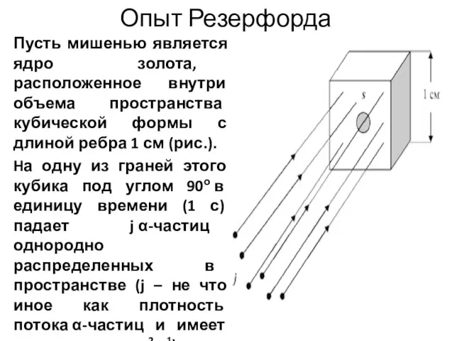 Опыт Резерфорда Пусть мишенью является ядро золота, расположенное внутри объема пространства кубической