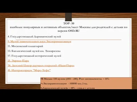 TOP- 50 наиболее популярных и активных объектов/мест Москвы для родителей с детьми