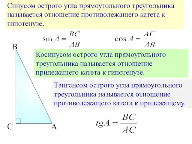 Синусом острого угла прямоугольного треугольника называется отношение противолежащего катета к гипотенузе. В