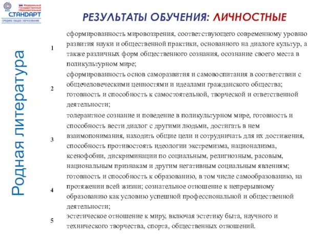 РЕЗУЛЬТАТЫ ОБУЧЕНИЯ: ЛИЧНОСТНЫЕ Родная литература