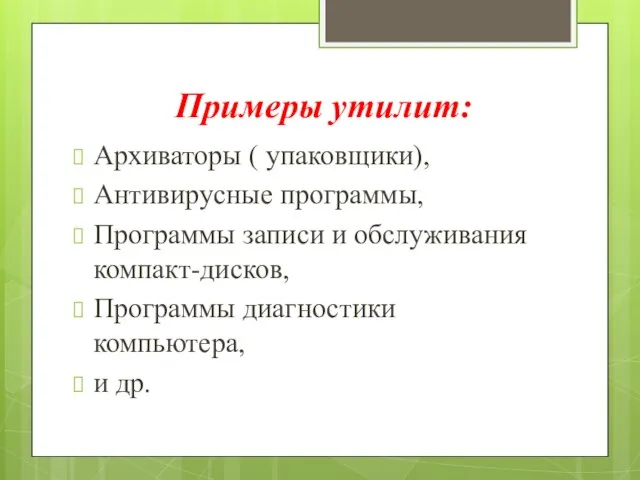 Архиваторы ( упаковщики), Антивирусные программы, Программы записи и обслуживания компакт-дисков, Программы диагностики