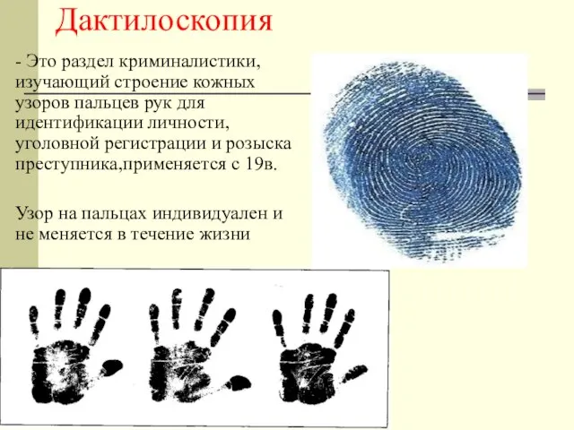 Дактилоскопия - Это раздел криминалистики, изучающий строение кожных узоров пальцев рук для