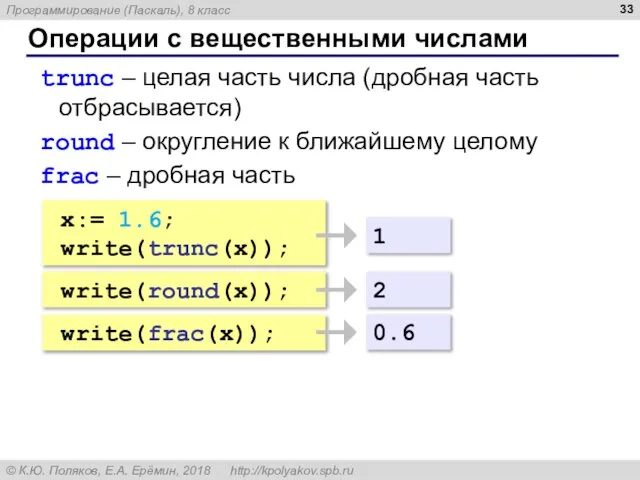 Операции с вещественными числами x:= 1.6; write(trunc(x)); trunc – целая часть числа