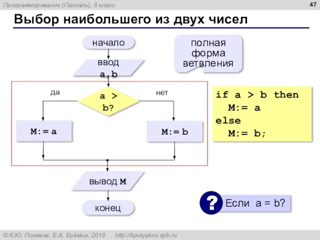 Выбор наибольшего из двух чисел полная форма ветвления if a > b