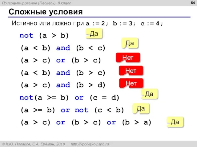 Сложные условия Истинно или ложно при a := 2; b := 3;