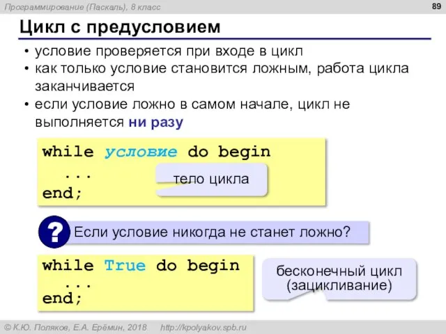 Цикл с предусловием условие проверяется при входе в цикл как только условие