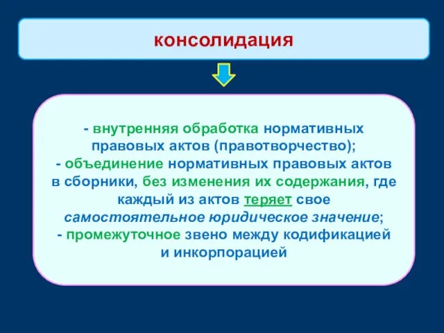 - внутренняя обработка нормативных правовых актов (правотворчество); - объединение нормативных правовых актов