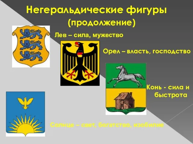 Негеральдические фигуры (продолжение) Конь - сила и быстрота Лев – сила, мужество