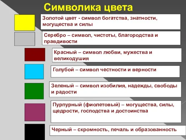 Золотой цвет - символ богатства, знатности, могущества и силы Серебро – символ,