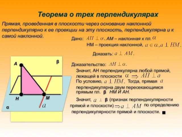 Теорема о трех перпендикулярах Прямая, проведенная в плоскости через основание наклонной перпендикулярно