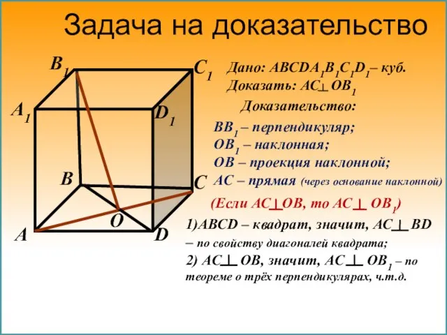 Задача на доказательство Доказательство: ВВ1 – перпендикуляр; ОВ1 – наклонная; ОВ –