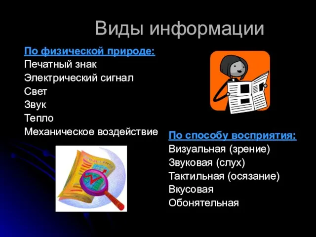 Виды информации По физической природе: Печатный знак Электрический сигнал Свет Звук Тепло