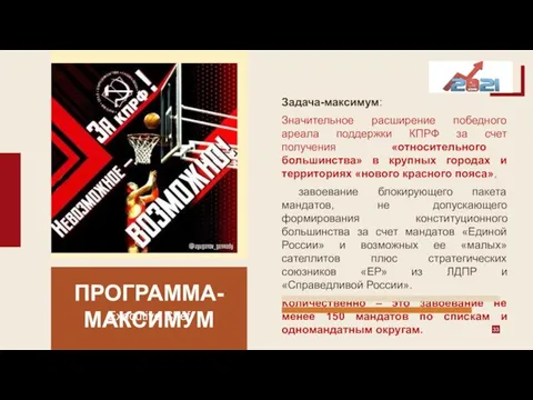 Executive Chef ПРОГРАММА- МАКСИМУМ Задача-максимум: Значительное расширение победного ареала поддержки КПРФ за