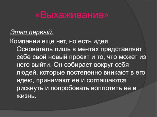 «Выхаживание» Этап первый. Компании еще нет, но есть идея. Основатель лишь в