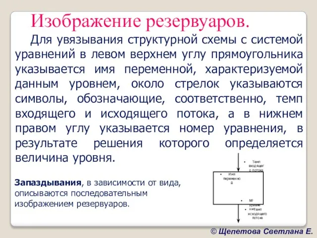 Изображение резервуаров. Для увязывания структурной схемы с системой уравнений в левом верхнем