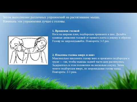 Затем выполнение различных упражнений на растягивание мышц. Начинать эти упражнения лучше с