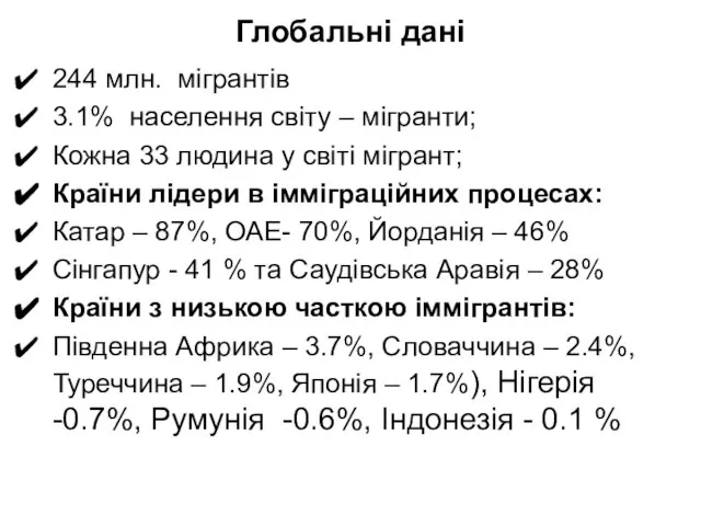 Глобальні дані 244 млн. мігрантів 3.1% населення світу – мігранти; Кожна 33