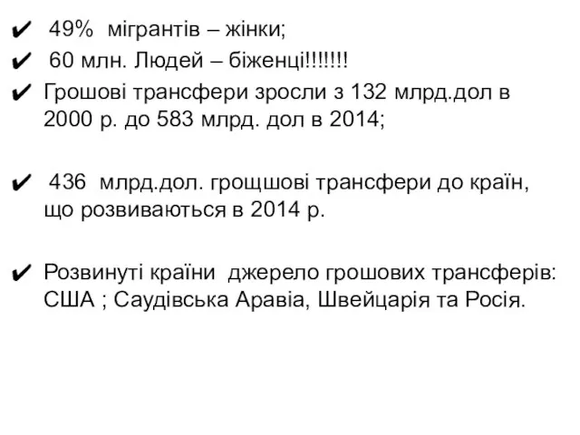 49% мігрантів – жінки; 60 млн. Людей – біженці!!!!!!! Грошові трансфери зросли