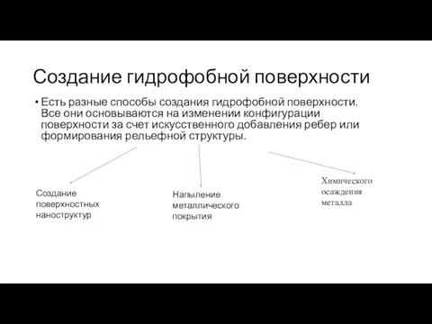 Создание гидрофобной поверхности Есть разные способы создания гидрофобной поверхности. Все они основываются