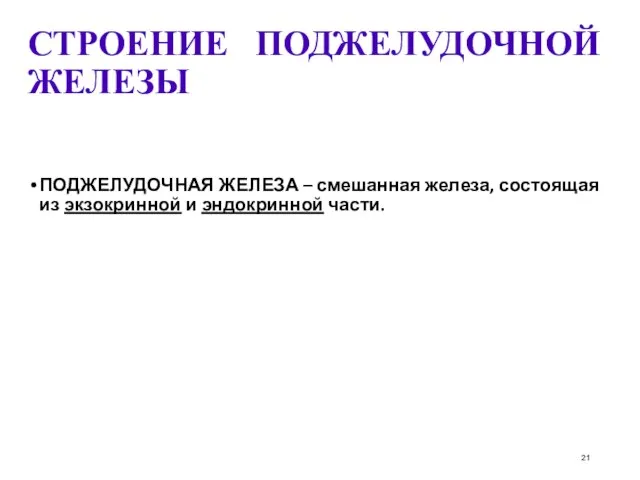 СТРОЕНИЕ ПОДЖЕЛУДОЧНОЙ ЖЕЛЕЗЫ ПОДЖЕЛУДОЧНАЯ ЖЕЛЕЗА – смешанная железа, состоящая из экзокринной и эндокринной части.
