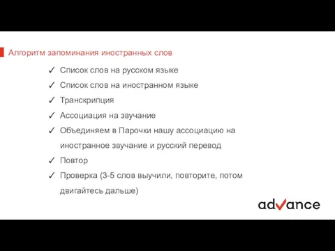 Алгоритм запоминания иностранных слов Список слов на русском языке Список слов на