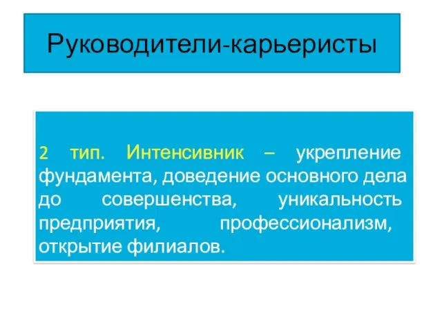 Руководители-карьеристы 2 тип. Интенсивник – укрепление фундамента, доведение основного дела до совершенства,