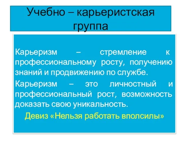 Учебно – карьеристская группа Карьеризм – стремление к профессиональному росту, получению знаний