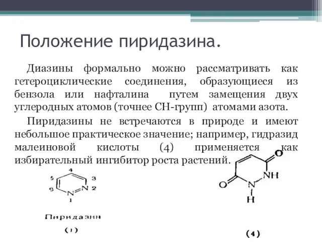 Положение пиридазина. Диазины формально можно рассматривать как гетероциклические соединения, образующиеся из бензола