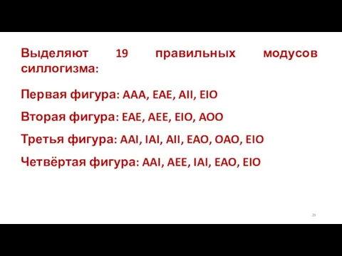 Выделяют 19 правильных модусов силлогизма: Первая фигура: AAA, EAE, AII, EIO Вторая