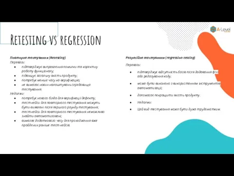 Retesting vs regression Повторне тестування (Retesting) Переваги: підтверджує виправлення помилки та коректну