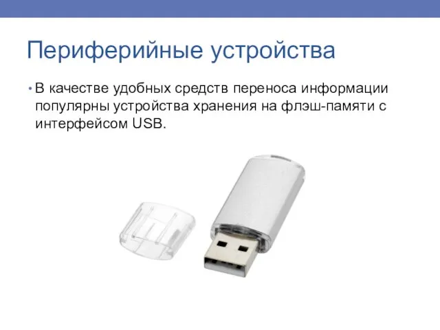 В качестве удобных средств переноса информации популярны устройства хранения на флэш-памяти с интерфейсом USB. Периферийные устройства